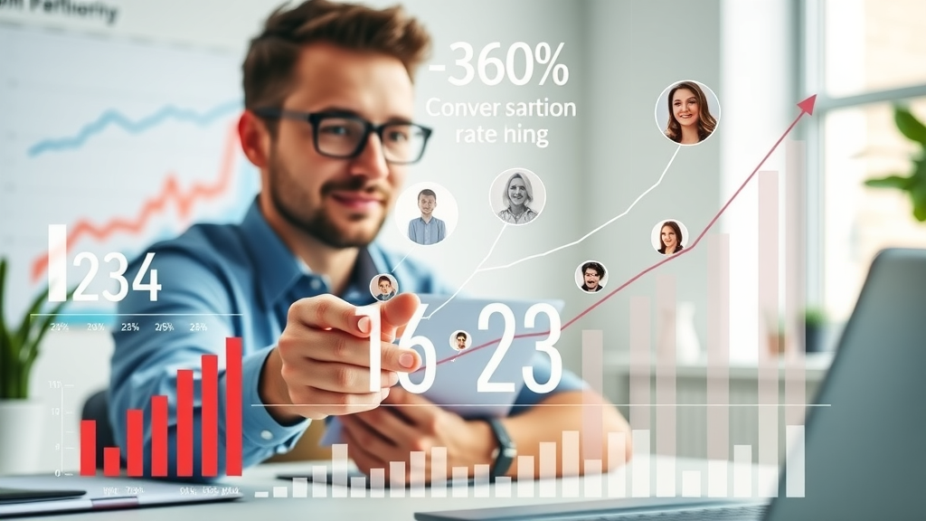 Conversion rate strategies visual infographic with dynamic upward trends, user avatars, and vibrant workspace charts