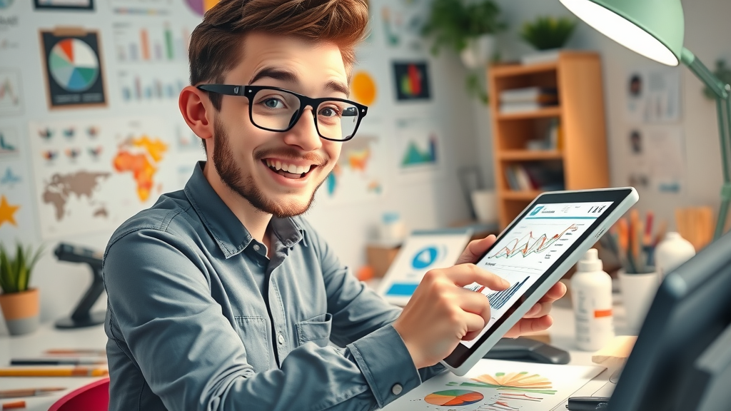 Creative marketer boosting blog reach with colorful, shareable infographics on a digital tablet