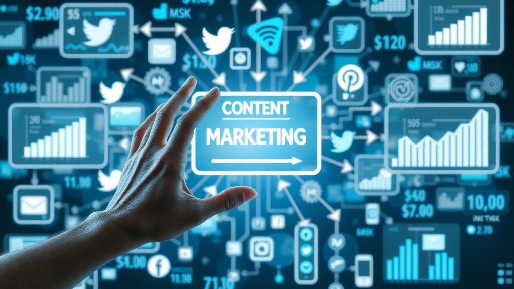 content marketing infographic showing social media icons with network visualization