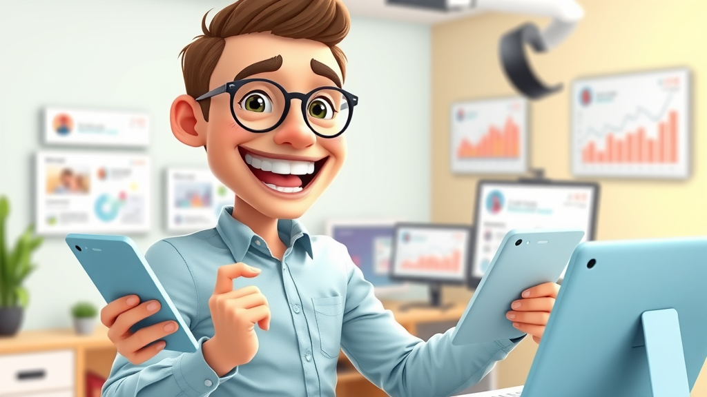smiling social media manager scheduling posts and monitoring engagement for service business marketing, creative studio with digital screens and social icons