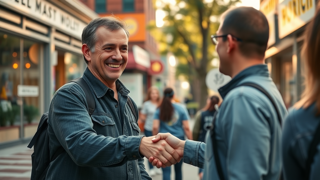 building-local-media-platforms trusted community journalist engaging with a business owner on main street