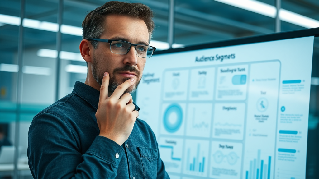 Marketing analyst mapping audience segments on digital whiteboard for retargeting strategies in a high-tech office