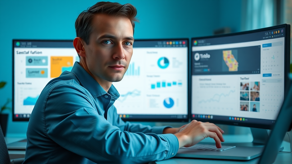 User navigating Canva, Buffer, Lumen5, and Trello, tools for content repurposing, digital workspace