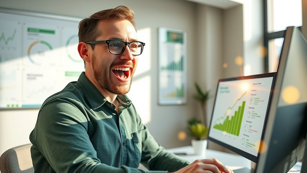 marketer celebrating increased ROI from customer segmentation in retargeting campaign, rising graphs and performance dashboards