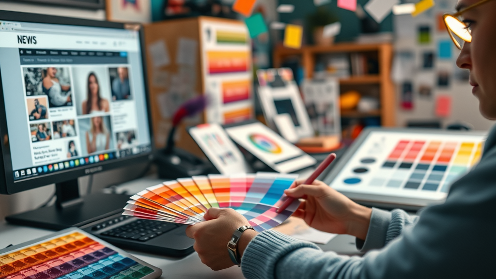 creative palette of color swatches beside a digital screen, color scheme for local media site design tips