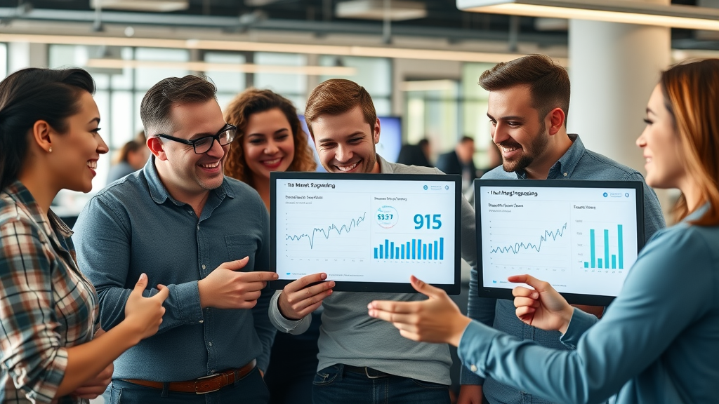 Energetic marketing team collaborating on retargeting campaign analytics in a modern office environment. Screens show conversion statistics - retargeting strategies