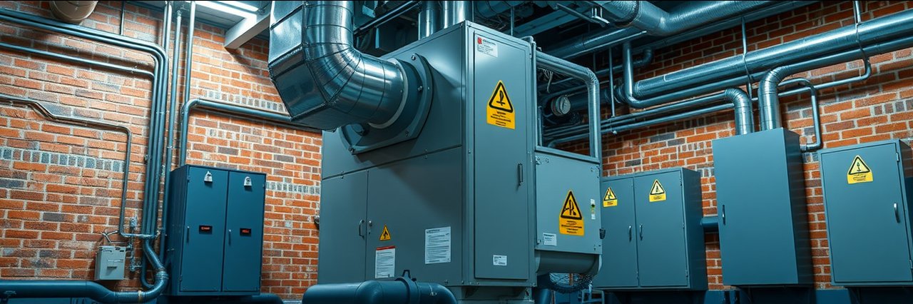 Industrial HVAC unit setup for emergency hvac repairs in a brick-walled room.