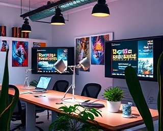 cohesive brand identity, strategic, shaping a lasting impression, photorealistic, creative agency workspace with branding projects on screens, highly detailed, potted plants and creative mess, ultra sharp, gradient colors, diffused lighting, shot with a 24mm lens.