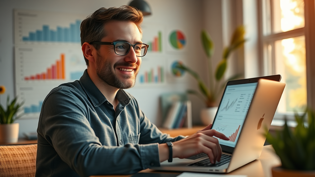 motivated small business owner analyzing digital marketing data for service businesses in a home office