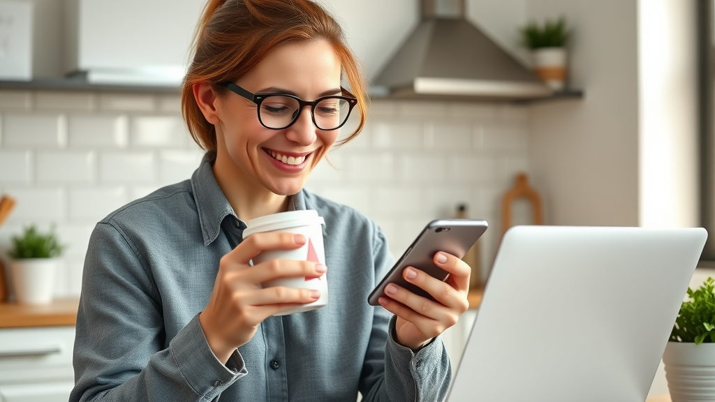 successful blogger checking blogging earnings on smartphone, inspired by profitable blog content ideas
