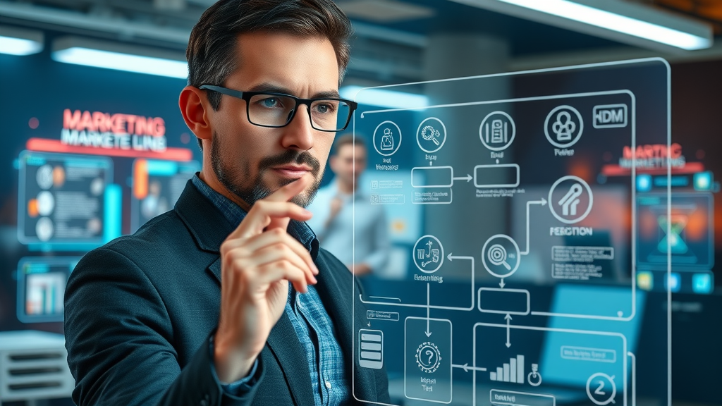 digital marketing strategist developing a strategy flowchart for service businesses on a virtual transparent board, high-tech workspace
