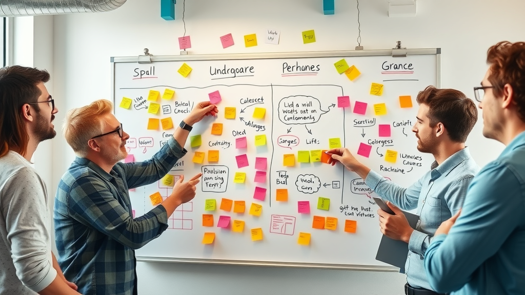 dynamic brainstorm session, bloggers mapping out 131 blog content ideas on a whiteboard in coworking space