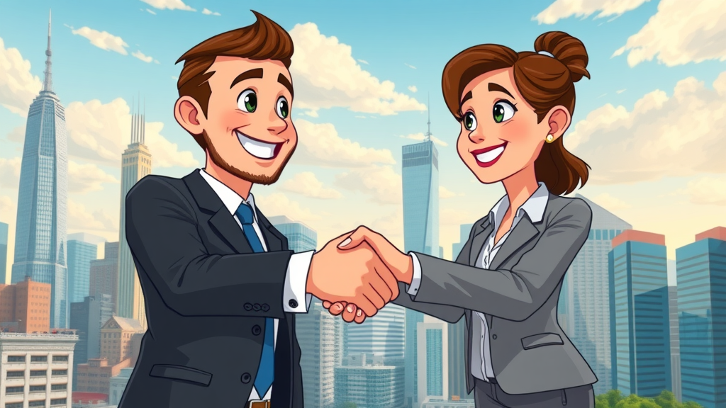 Cartoon handshake illustrating local business partnerships for citations, cityscape background.