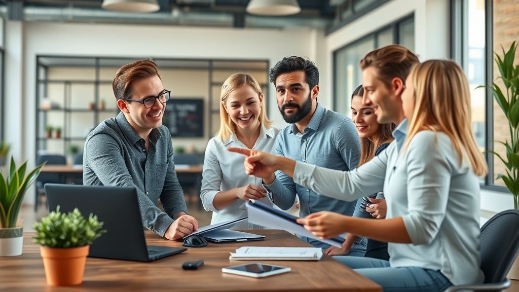 content marketing strategies for small business blogs - small business team collaborating on digital content strategy in modern stylish open-plan office