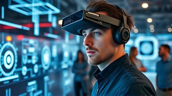 cutting-edge automation software showcase, focused expression, guiding a virtual tour, photorealistic, futuristic design studio filled with holographic displays, highly detailed, users interacting with AR interfaces, macro lens, cool blues and silvers, synthetic lighting effects