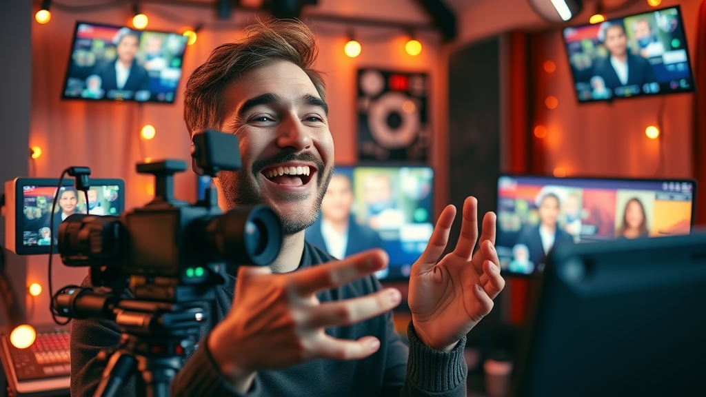 happy content creator live streaming and producing video content in home studio
