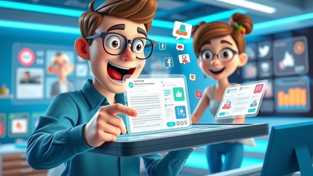 Digital marketer enthusiastically converting a written blog post into vibrant social media video content using a touch screen in a futuristic workspace.