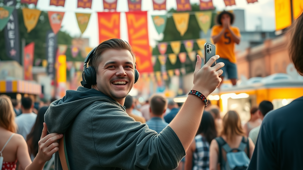 Local influencer recording live video at street festival for content strategy, vibrant festival backdrop
