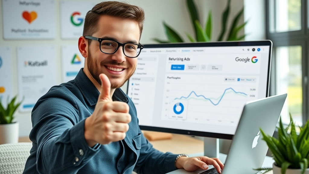 successful google ads retargeting campaign marketer analyzing dashboard positive conversion results laptop modern workspace