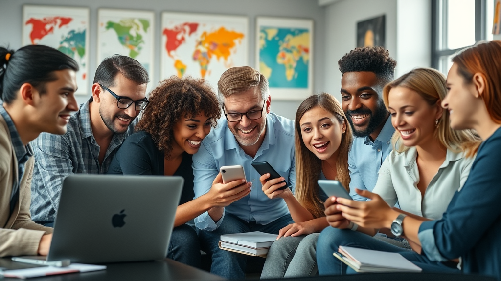 Diverse group of professionals collaborating to boost blog reach on social media in a modern, creative office space