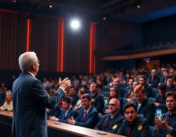 innovative automation tool demonstration, engaged expression, presenting on stage, photorealistic, high-tech auditorium with advanced lighting, highly detailed, attentive crowd with smart devices, medium format, rich, vibrant colors, spotlight illumination
