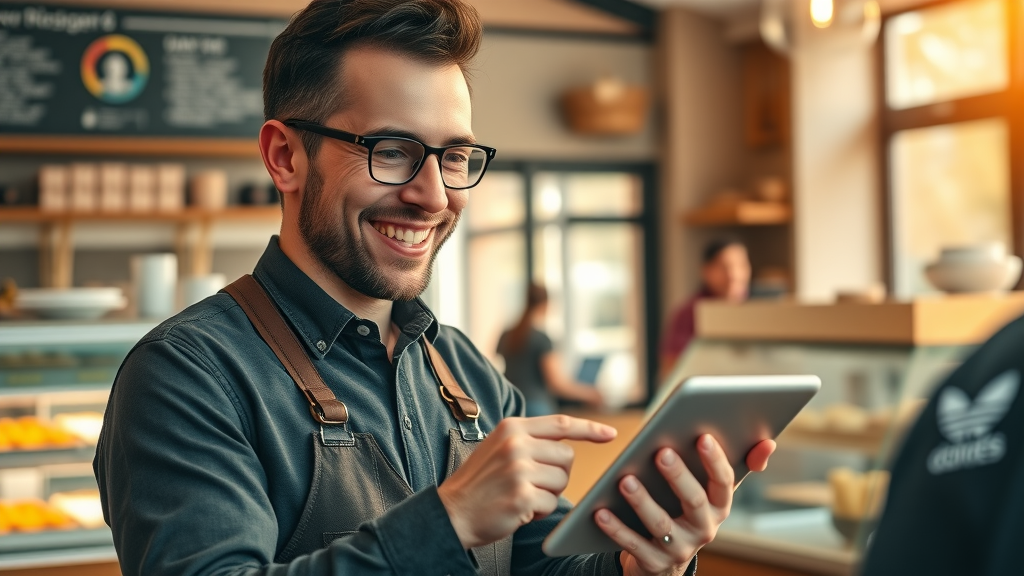 Happy business owner responding to customer reviews on Google Business profile, local SEO winning strategy
