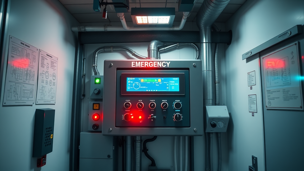 Emergency HVAC repair control panel with warning lights and tools.