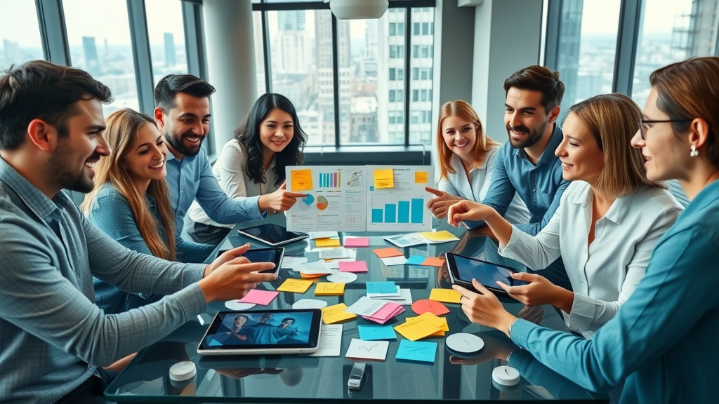 team increases social media engagement by brainstorming and collaborating around colorful post-it notes and tablets