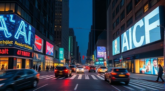 imaginative AI advertising, animated, crafting immersive ad experiences, photorealistic, bustling urban intersection during rush hour, highly detailed, digital ad projections, 6k resolution, vibrant, dynamic street lighting, shot with an Olympus OM-D E-M1X lens