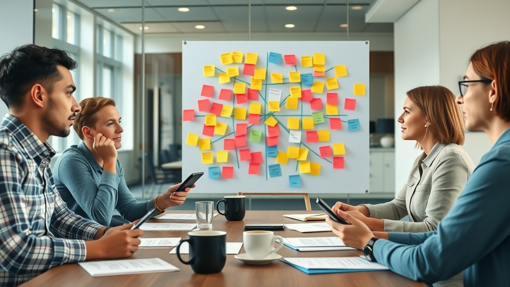 Marketers brainstorming repurposing ideas with sticky notes and devices during a creative mind mapping session, focusing on how to repurpose blog content for social media platforms in a modern conference room.