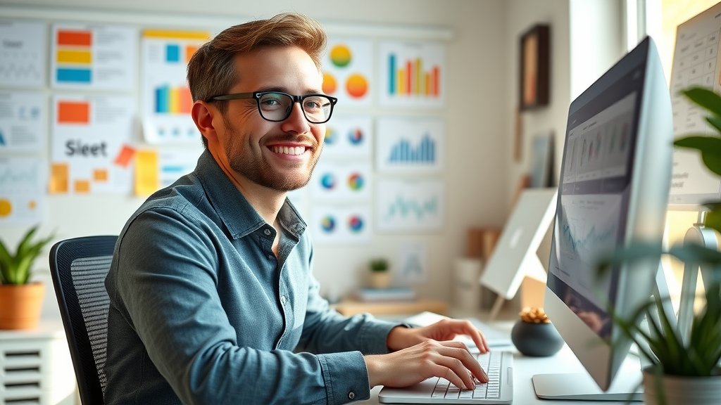 Confident marketing manager planning an effective content marketing strategy at a computer, with creative workspace in the background