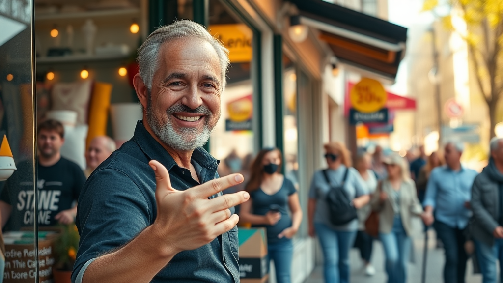 local business advertising vibrant bustling small business storefront owner smiling inviting gesture busy street natural colors