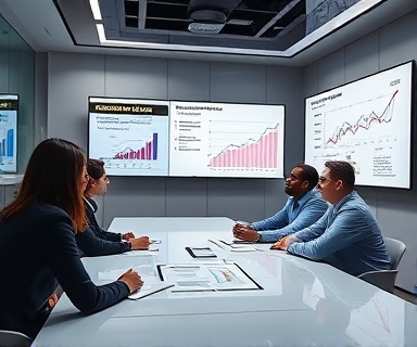 dynamic marketing plan, determined, planning, photorealistic, sleek conference room with brainstorming session, highly detailed, charts and graphs animated on screens, HDR quality, vibrant colors, daylight simulation, shot with a macro lens.