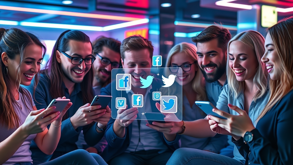 vibrant group of social media users reacting to blog post across devices with blog audience engagement strategies