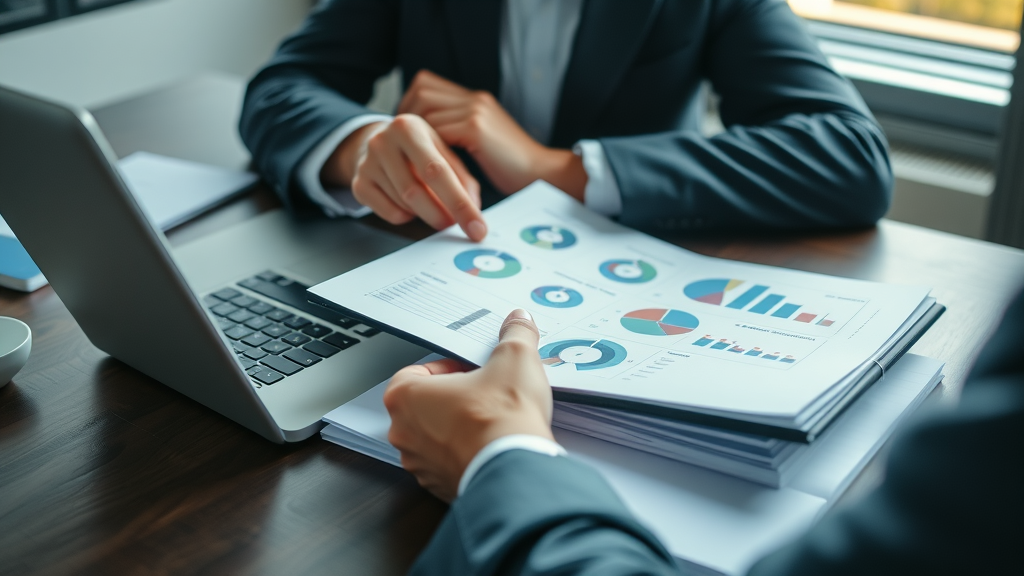 Business professional analyzing charts for content marketing tips with a digital planner on a desk