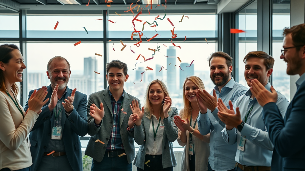 Dynamic team celebrating blog traffic growth in a high-tech office - blogging tips for entrepreneurs