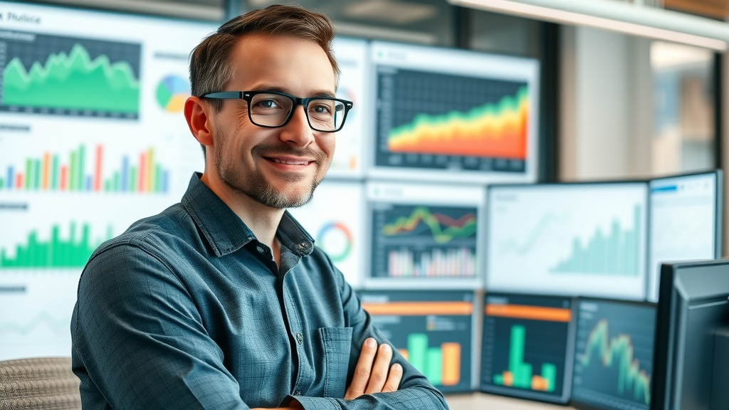 Confident analytics specialist monitoring retargeting KPIs and performance dashboards in a modern office