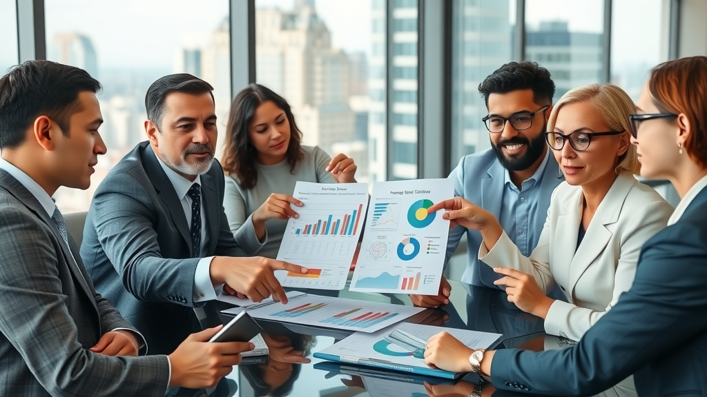 building-local-media-platforms diverse media leaders reviewing business models and financial strategies in a bright conference room