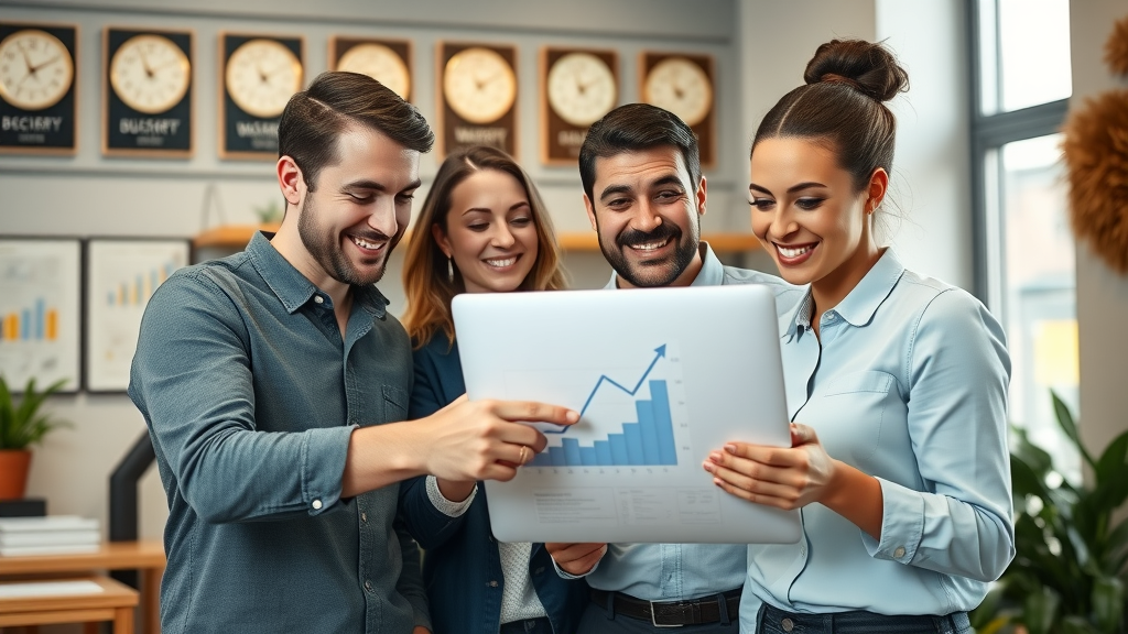 successful small service business team reviewing growth thanks to improved service business marketing strategies