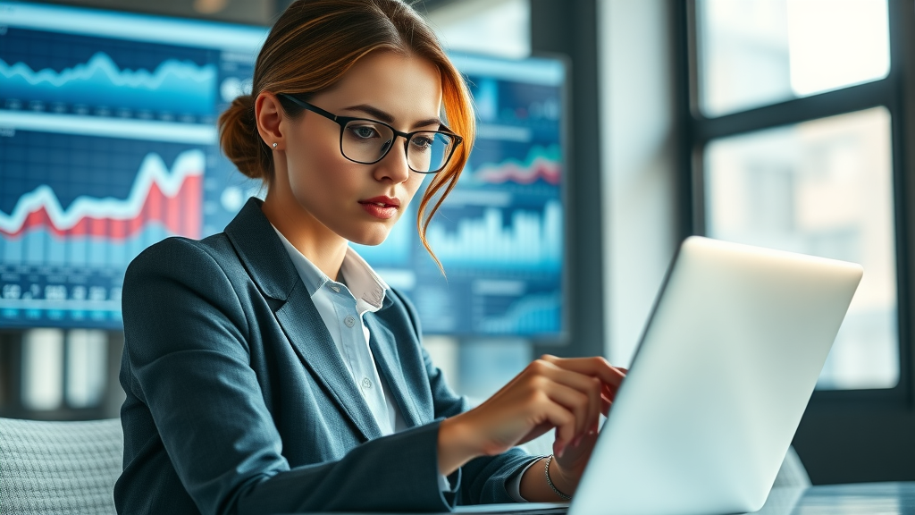 insightful businesswoman analyzing data charts on laptop, monetizing branded media sites analytics, revenue graphs, modern office