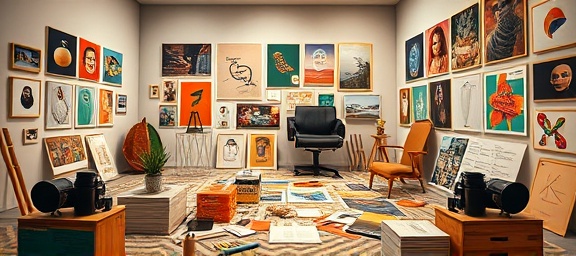 distinctive brand design, bold, redefining visual narratives, photorealistic, art gallery setup with brand mood boards, highly detailed, design tools scattered, wide-angle, vivid colors, soft shadow lighting, shot with a 35mm lens.