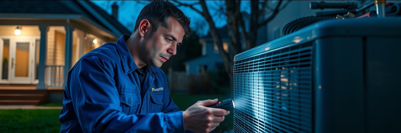 Emergency HVAC repair technician inspecting air conditioning unit at night