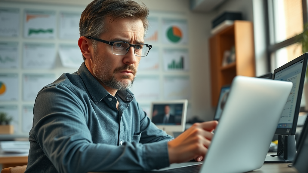 Worried small business owner reviewing mismatched business data, local business marketing mistake