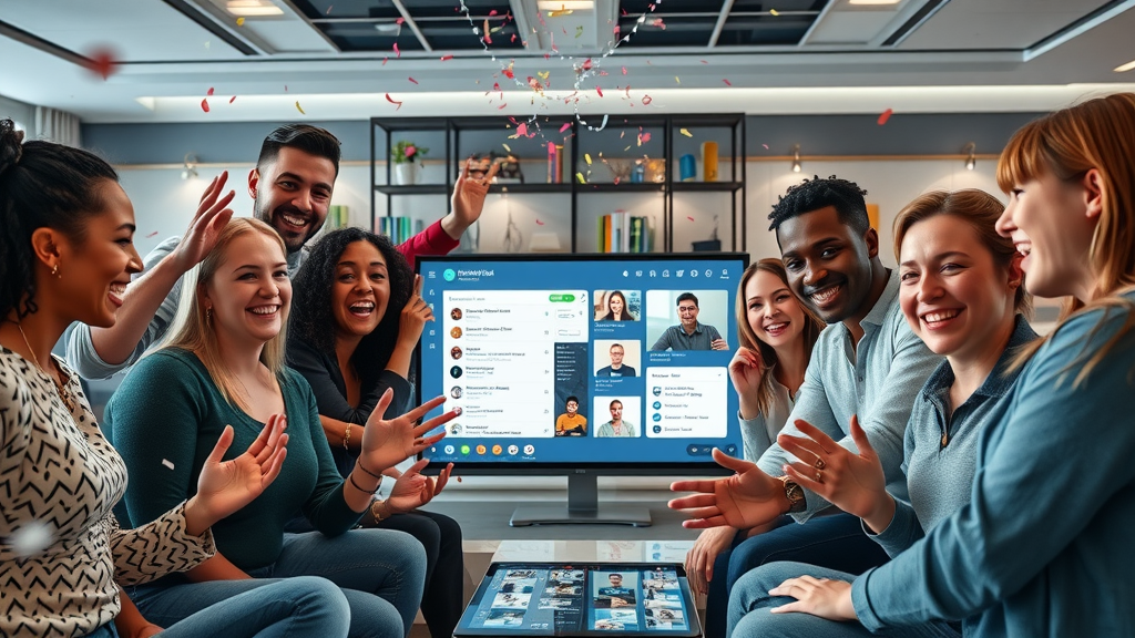 diverse online community members celebrating around a digital forum interface for increased blog audience engagement