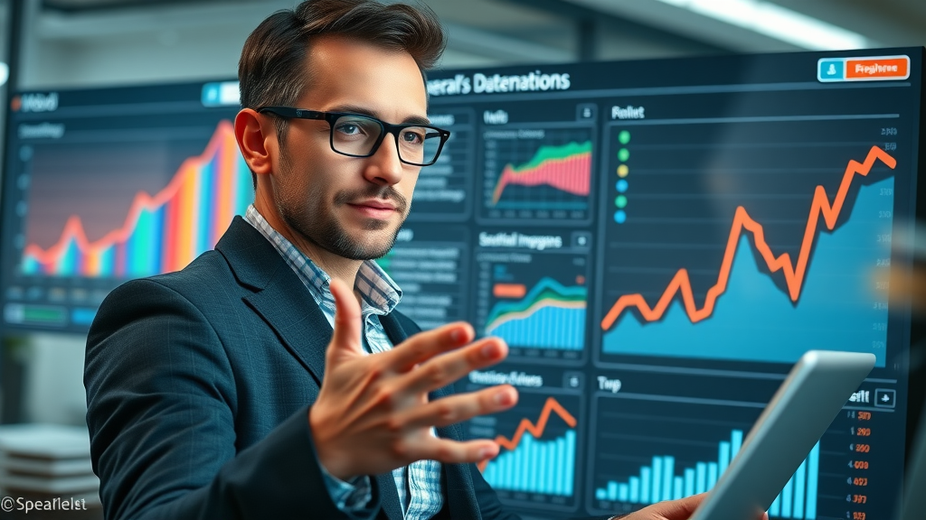 impactful marketing dashboard visualizing a retargeting ad campaign, confident marketer analyzing results, demonstrating digital marketing success, retargeting ad examples, digital marketing