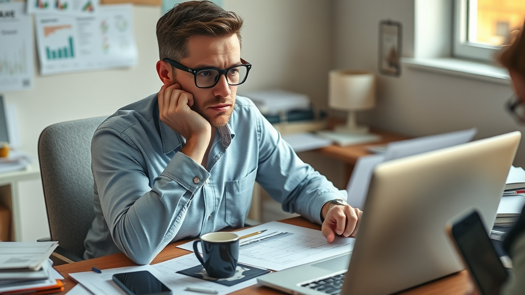 concerned small business owner reviewing difficult marketing strategy for their service business