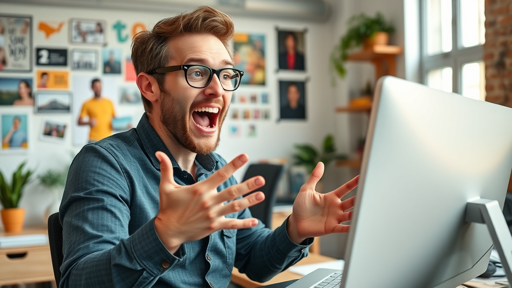 Energetic marketer repurposing blog post for social media content, creating vibrant social graphics