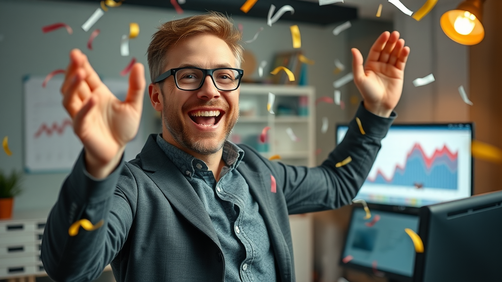 content marketing strategies for small business blogs - entrepreneur celebrating small business blog performance metrics