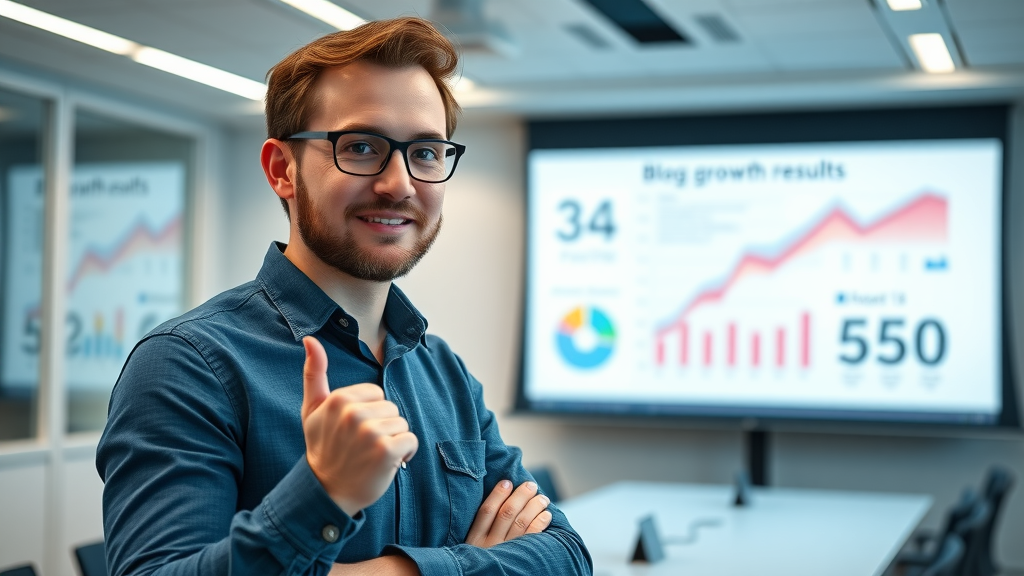 analytical blogger presenting blog traffic growth from brilliant blog content ideas on projection screen