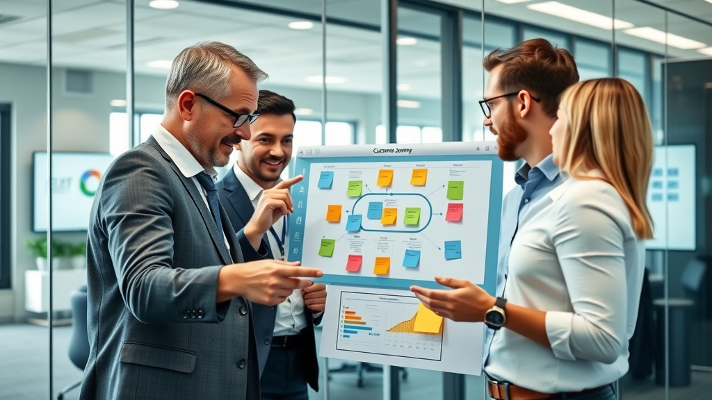 customer journey mapping business team analyzing digital touchpoints and collaborating